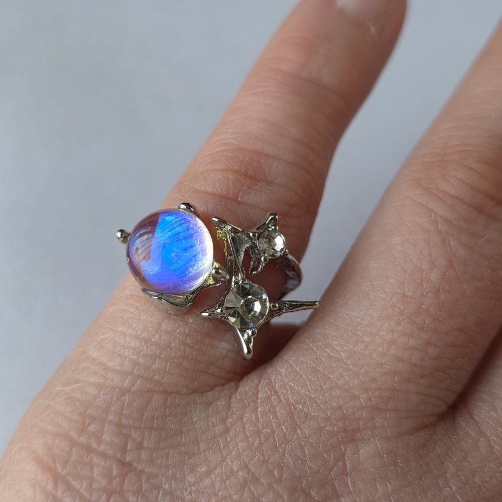 Moon And Stars Faux Moonstone Ring Opalite Silver Tone